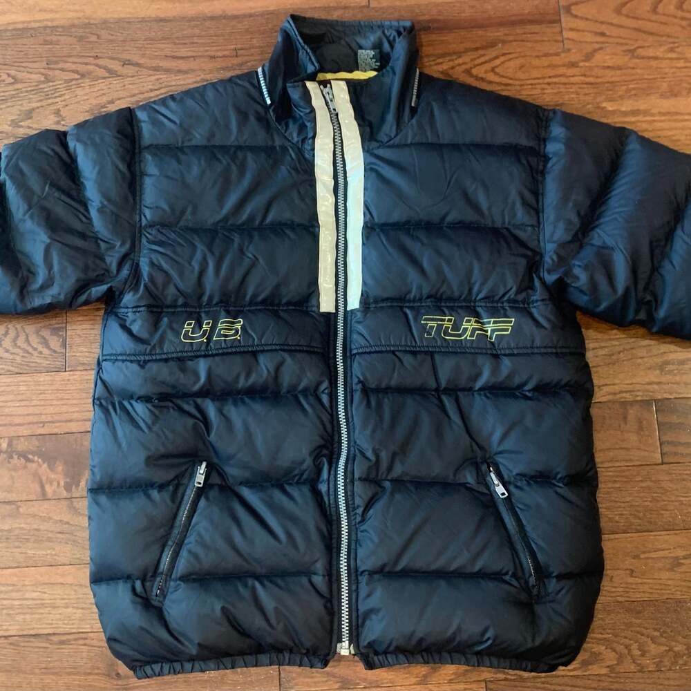 Vintage Tuff Black Puffer Jacket – Yellow Accents & White Stripe – Men’s‎ Large